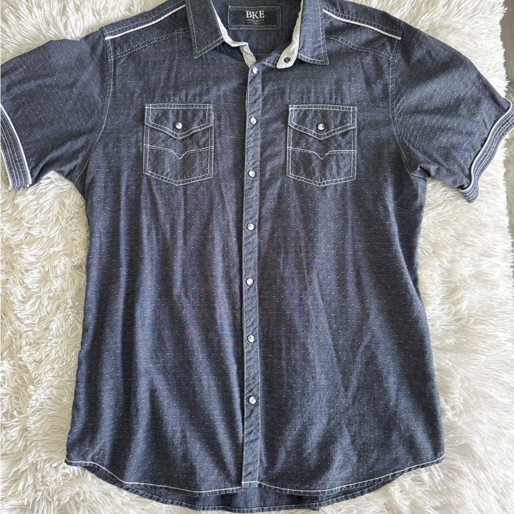 BKE Men's Dark Blue Casual Button Down Shirt